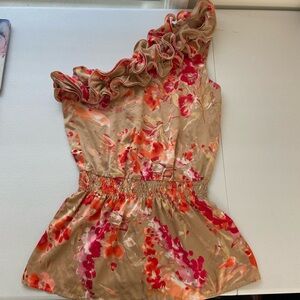 NWOT Grass Collection women’s tan pink ruffle single strap‎ elastic waist blouse